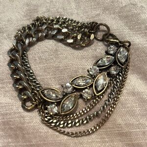 Vintage Gold and Silver Double-Chain Bracelet with Crystal Accents 7.5”